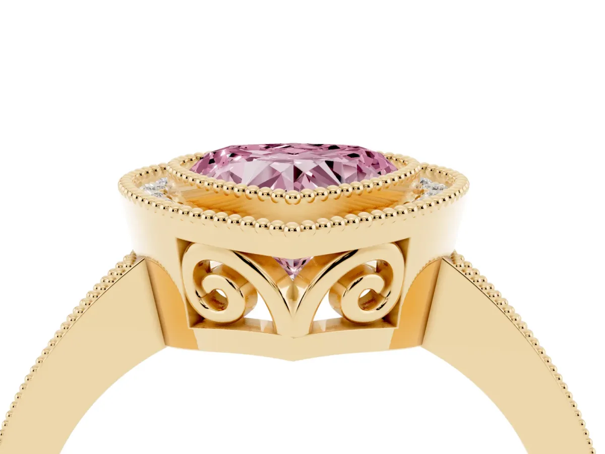 Fancy Pink Heart Cut Cut Halo Diamond Ring with Pavé Band and Milgrain Prong Setting Yellow gold