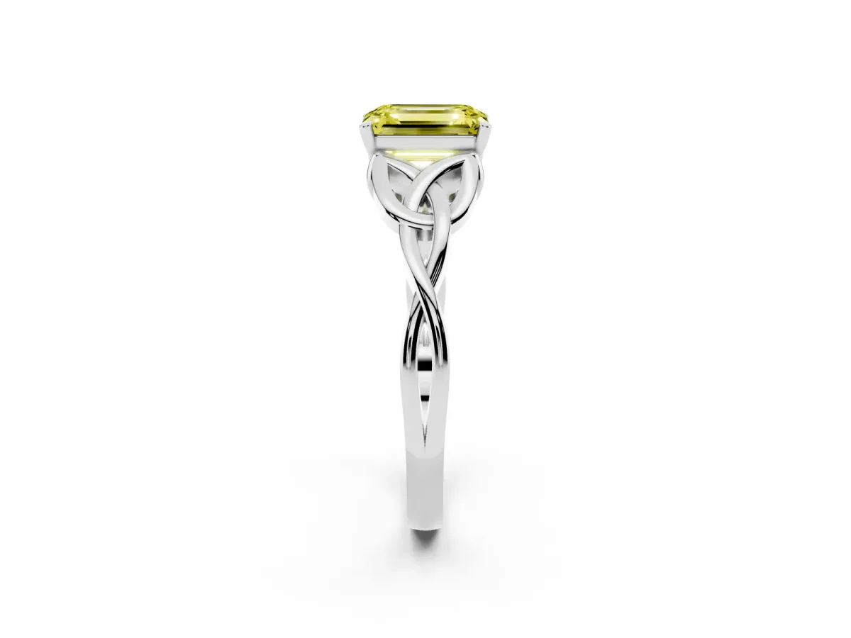 Fancy Yellow Emerald Cut Diamond Solitaire Engagement Ring with Celtic Knot Band and Four-Prong Setting Silver
