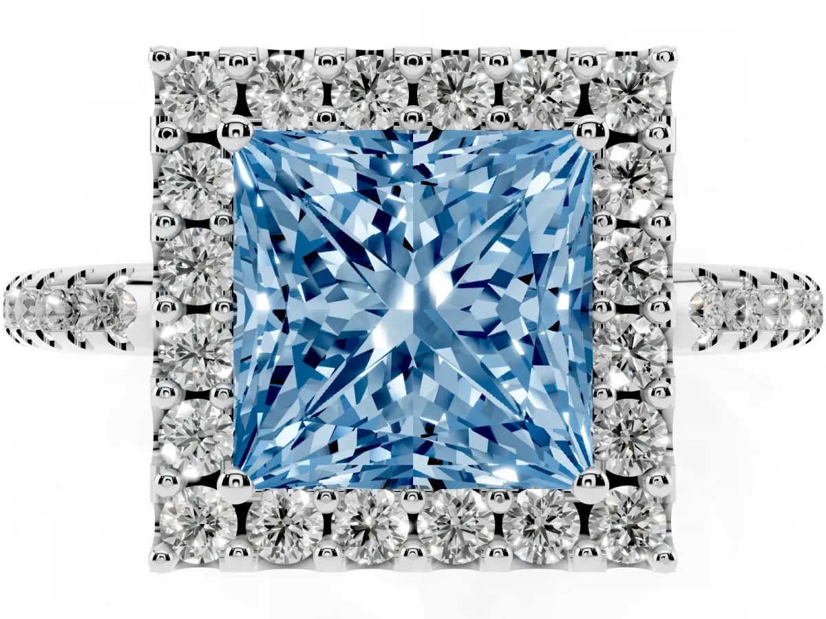 Fancy Blue Princess Cut Diamond Pavé Halo Ring with Four-Prong Setting Silver