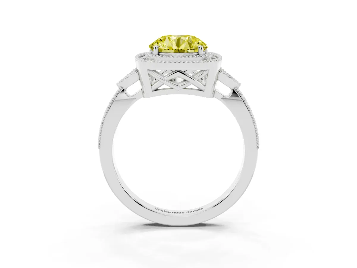 Fancy Yellow Round Cut Halo Round Diamond Milgrain Pave Engagement Ring Silver