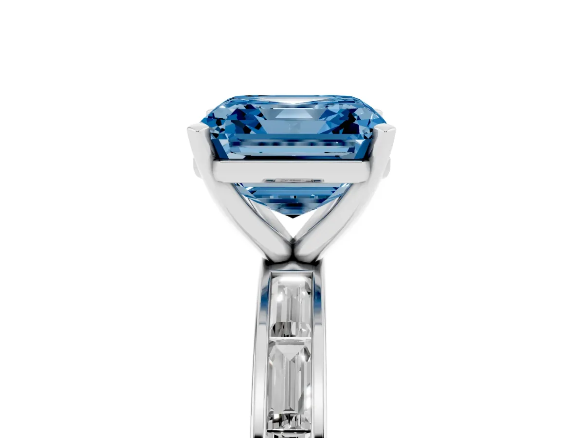 Fancy Blue Asscher Cut Solitaire Diamond Ring with Channel-Set Baguette Band and Four-Prong Setting Silver