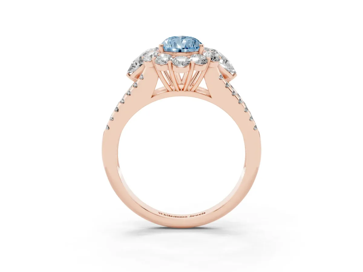 Fancy Blue Pear Cut Halo Split Shank Diamond Engagement Ring with Prong Setting Rose gold