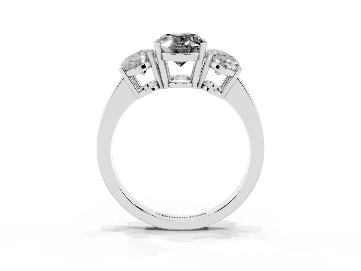 Fancy Black Three-Stone Oval Cut Cut Diamond Engagement Ring with Flat Band and Four-Prong Setting Silver