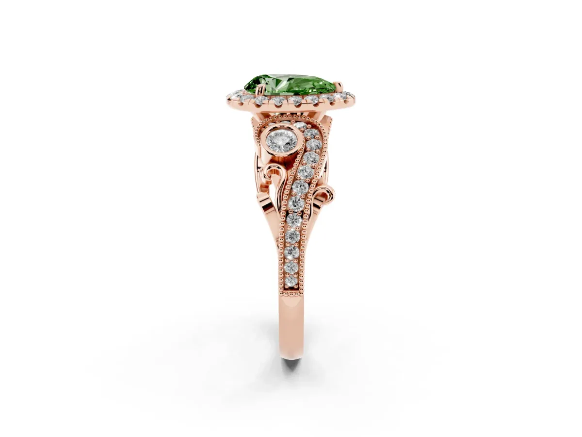 Fancy Green Pear Cut Diamond Halo Ring with Milgrain Pavé Band and Four-Prong Setting Rose gold