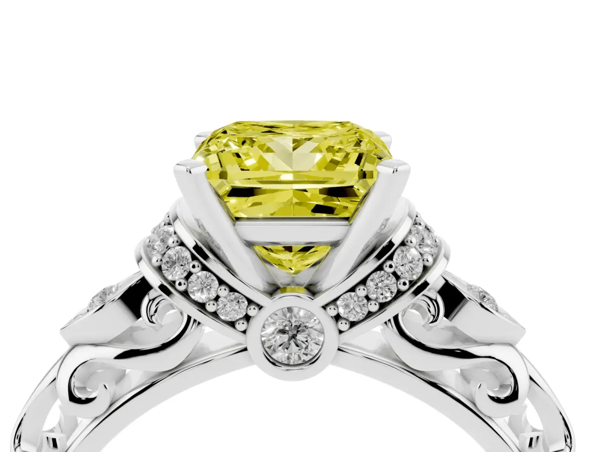 Fancy Yellow Princess Cut Diamond Solitaire Ring with Filigree Band and Four-Prong Setting Silver
