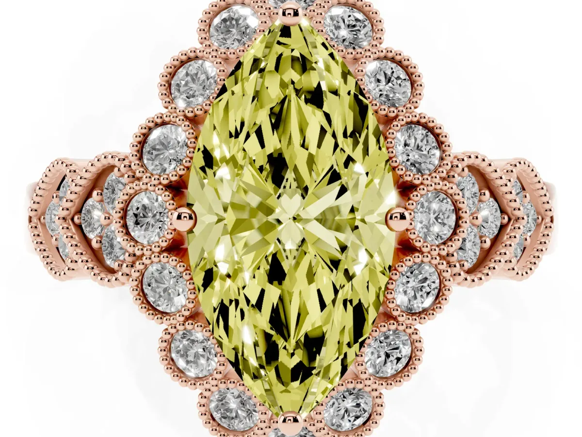 Fancy Yellow Marquise Cut Brilliant Milgrain Pave Heart Band Solitaire Ring Rose gold