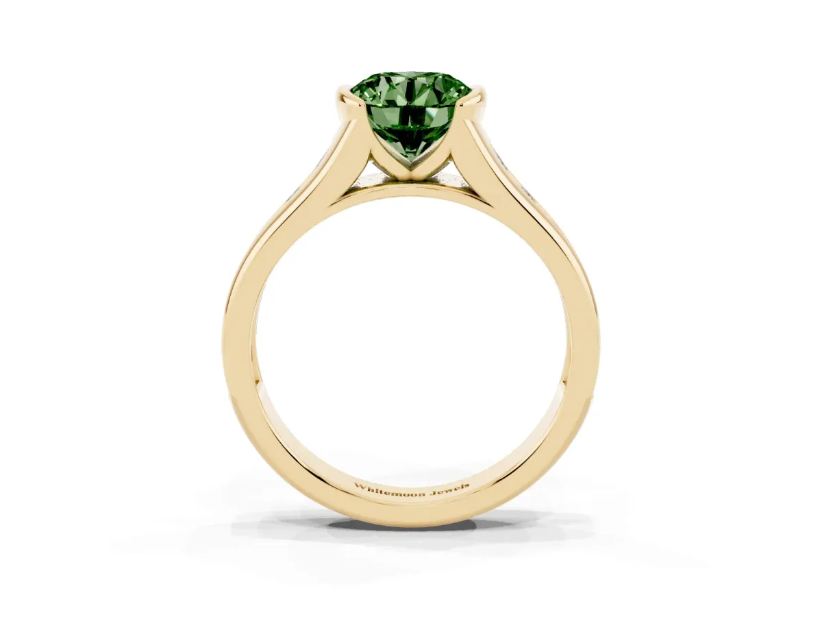 Fancy Green Round Cut Solitaire Bezel-Set Diamond Ring with Channel-Set Band Yellow gold