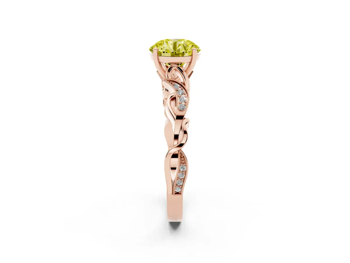 Fancy Yellow Round Cut Solitaire Vine Band with Milgrain Prong Setting Rose gold