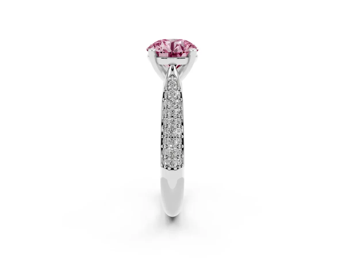 Fancy Pink Round Cut Diamond Solitaire Engagement Ring with Multi-Row Round Pavé Band and Prong Setting White gold