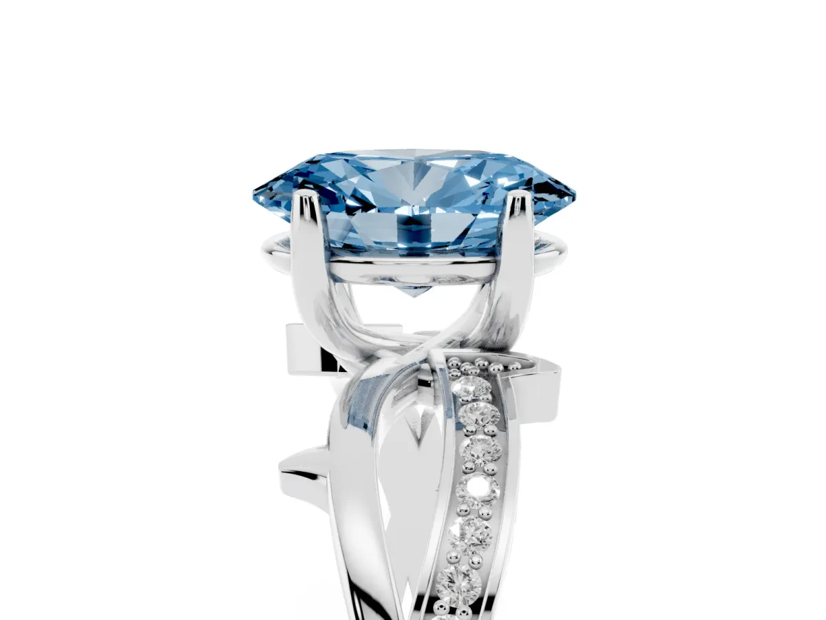 Fancy Blue Oval Cut Solitaire Twist Band with Pavé Accents and Four-Prong Setting White gold