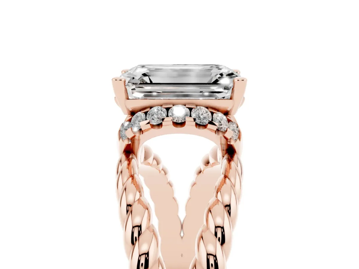 Emerald Cut Halo Twisted Band Four-Prong Ring Rose gold
