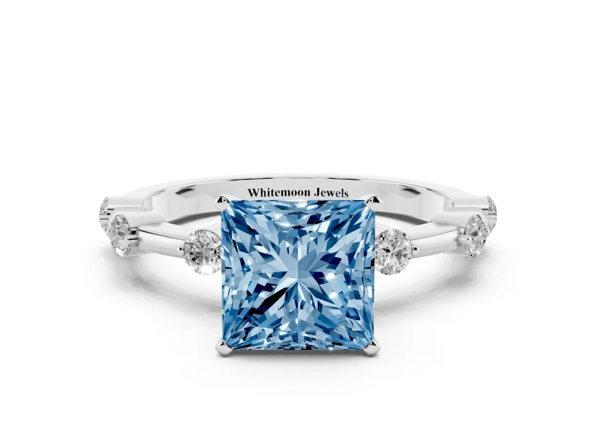 Fancy Blue Princess Cut Solitaire Diamond Ring with Bezel Set Side Stones and Prong Setting Platinum