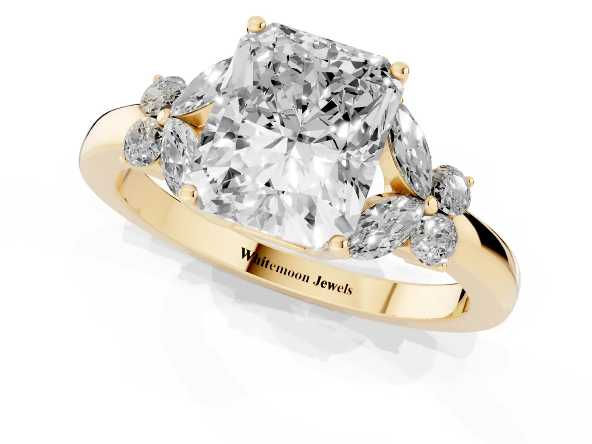 Radiant Cut Cut Solitaire Floral Diamond Ring with Four-Prong Setting Yellow gold