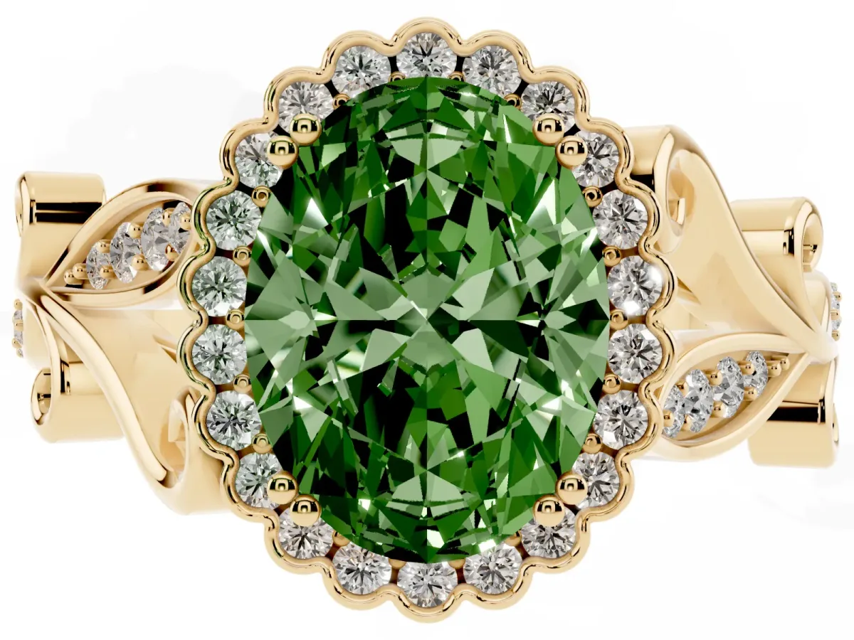 Fancy Green Oval Cut Diamond Halo Ring with Vintage Split Shank and Four-Prong Setting Yellow gold