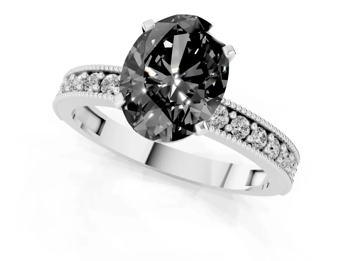 Fancy Black Oval Cut Diamond Milgrain Pavé Engagement Ring with Four-Prong Setting Silver