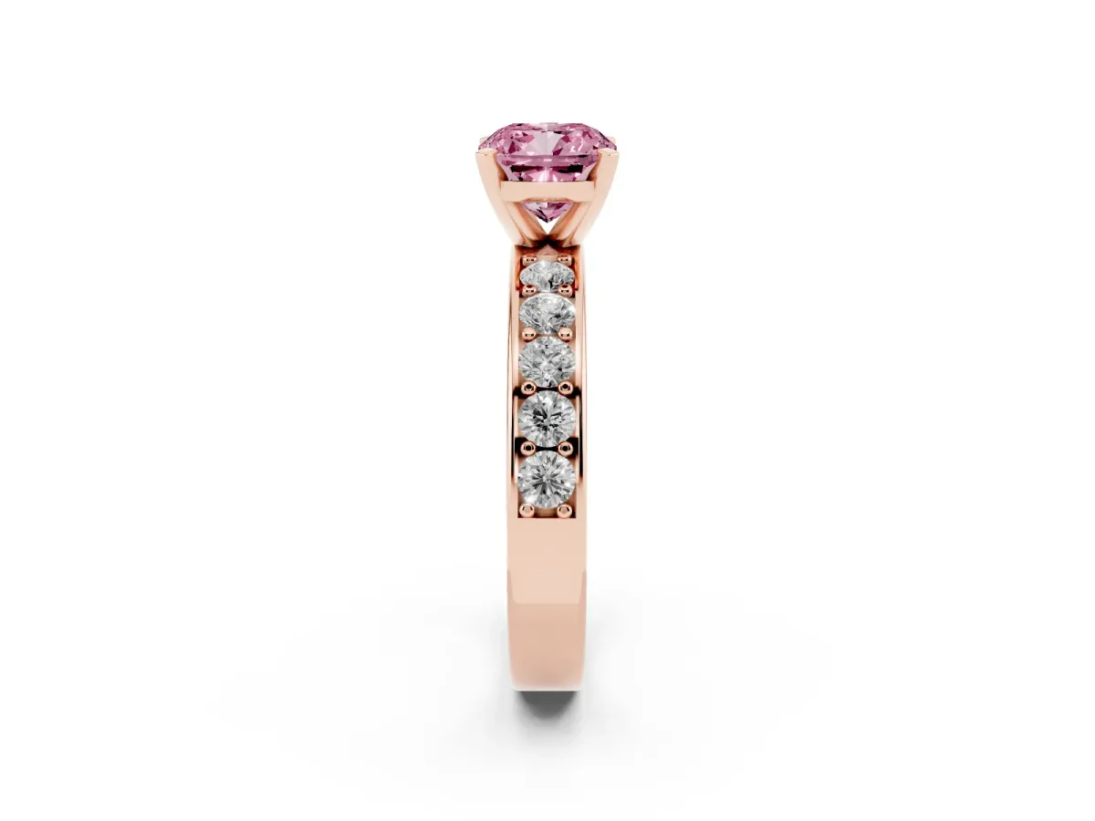 Fancy Pink Cushion Cut Diamond Engagement Ring with Channel Set Round Band and Prong Setting Rose gold