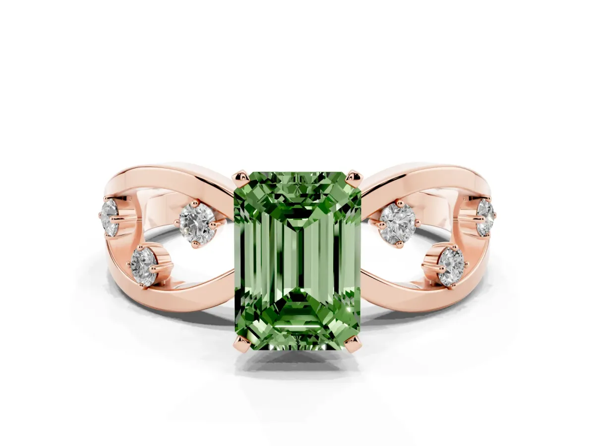 Fancy Green Emerald Cut Cut Solitaire Diamond with Side Stones on Criss-Cross Band and Four-Prong Setting Rose gold