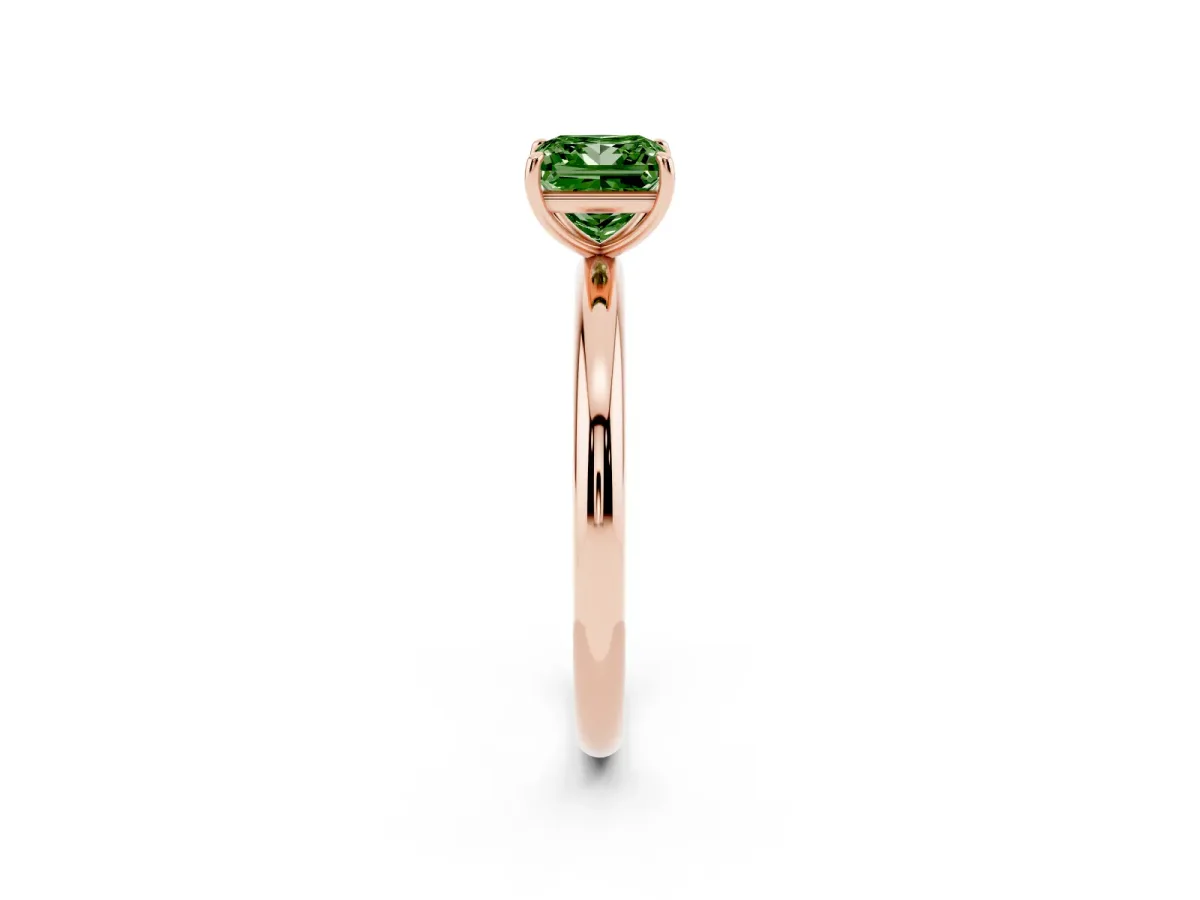 Fancy Green Princess Cut Solitaire Diamond Ring with Four-Prong Setting on a Plain Band Rose gold
