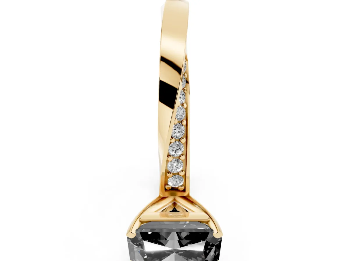 Fancy Black Radiant Cut Diamond Engagement Ring with Side Stone Accents and Four-Prong Setting Yellow gold