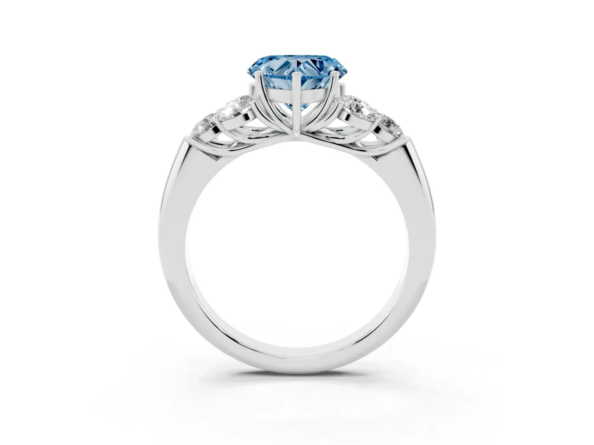 Fancy Blue Heart Cut Cut Diamond Cluster Ring with Round Accent Stones and Prong Setting on a Classic Band White gold