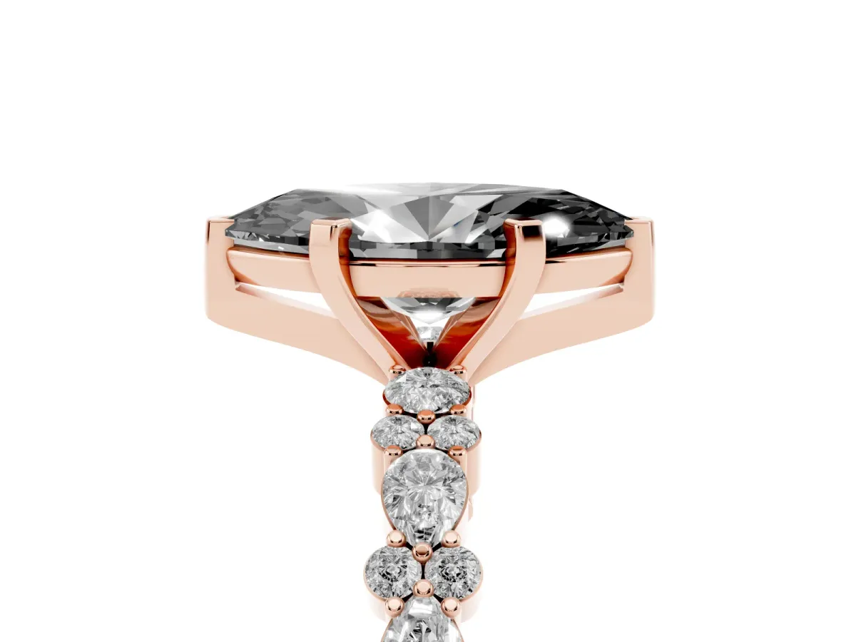 Fancy Black Marquise Cut Diamond Side Stone Solitaire Ring with Round and Four-Prong Setting Rose gold