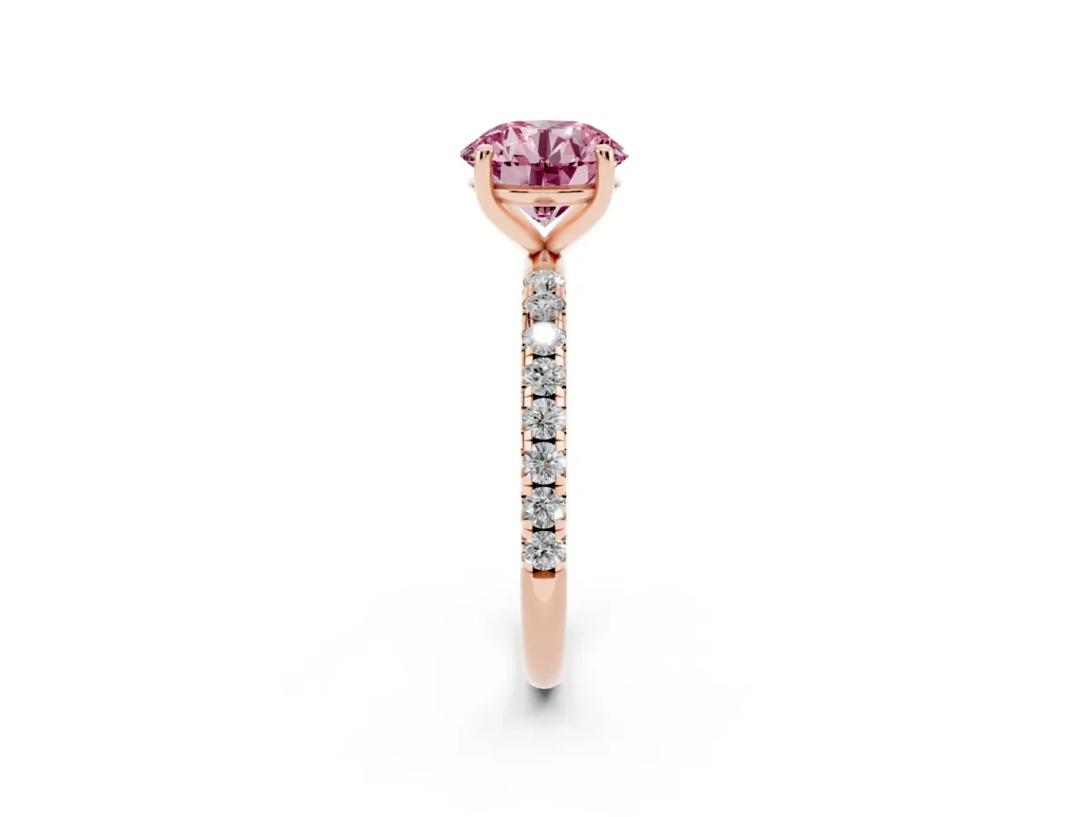 Fancy Pink Round Cut Cut Diamond Solitaire Ring with Micro Pave Band and Four Prong Setting Rose gold