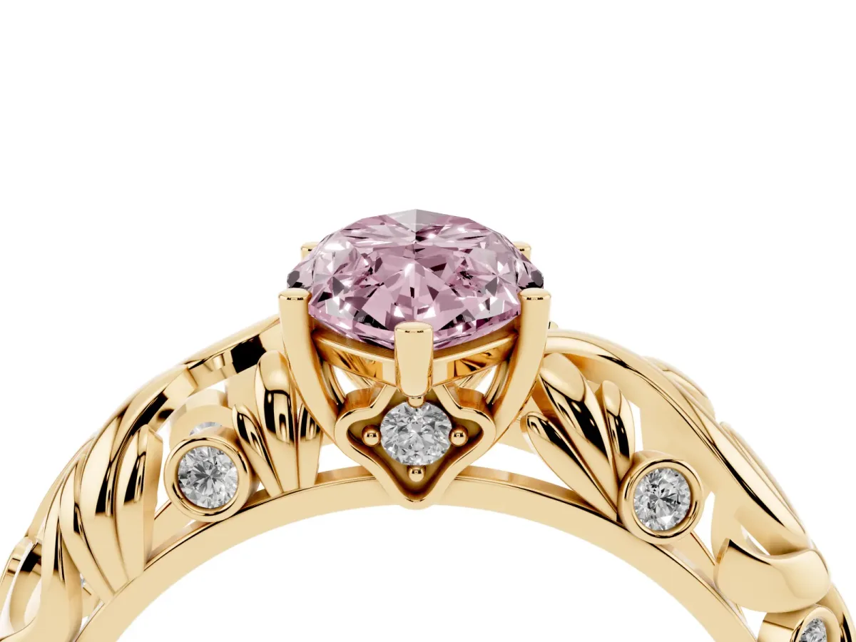 Fancy Pink Marquise Cut Solitaire Diamond Leaf-Inspired Vine Band Ring with Prong Setting Yellow gold