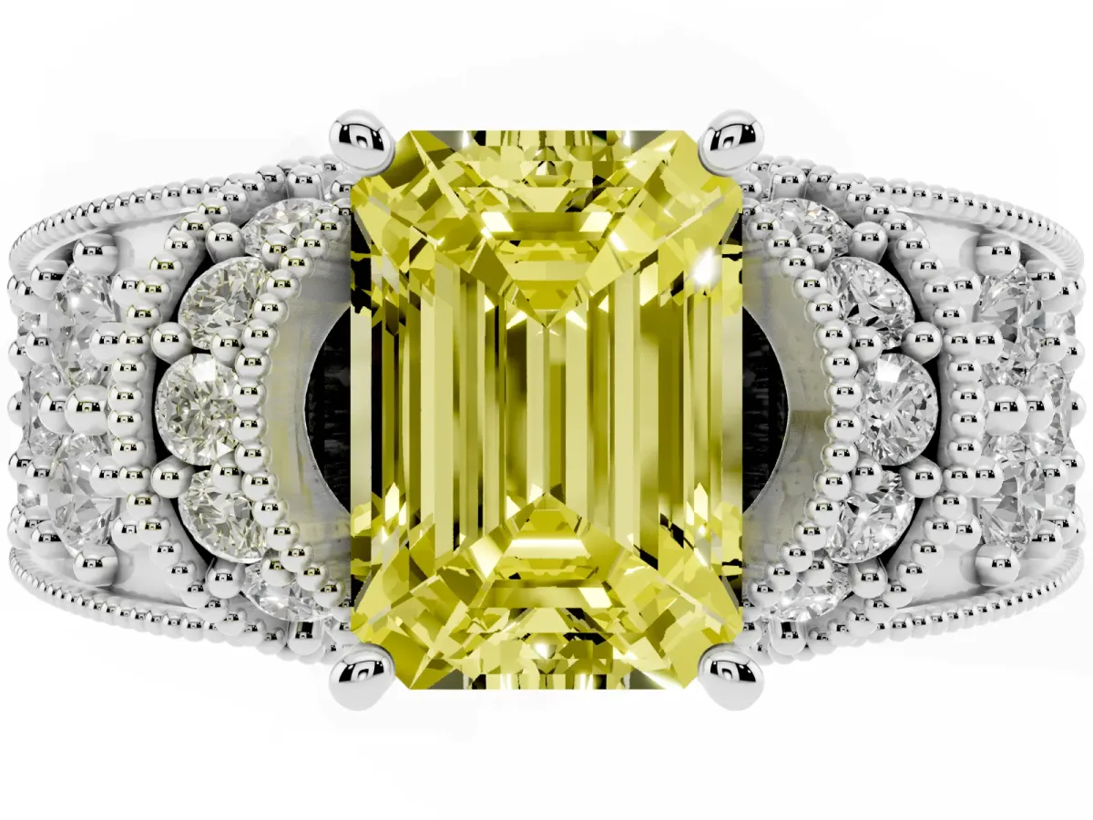 Fancy Yellow Emerald Cut Halo Pave Diamond Engagement Ring with Milgrain Detailing Silver