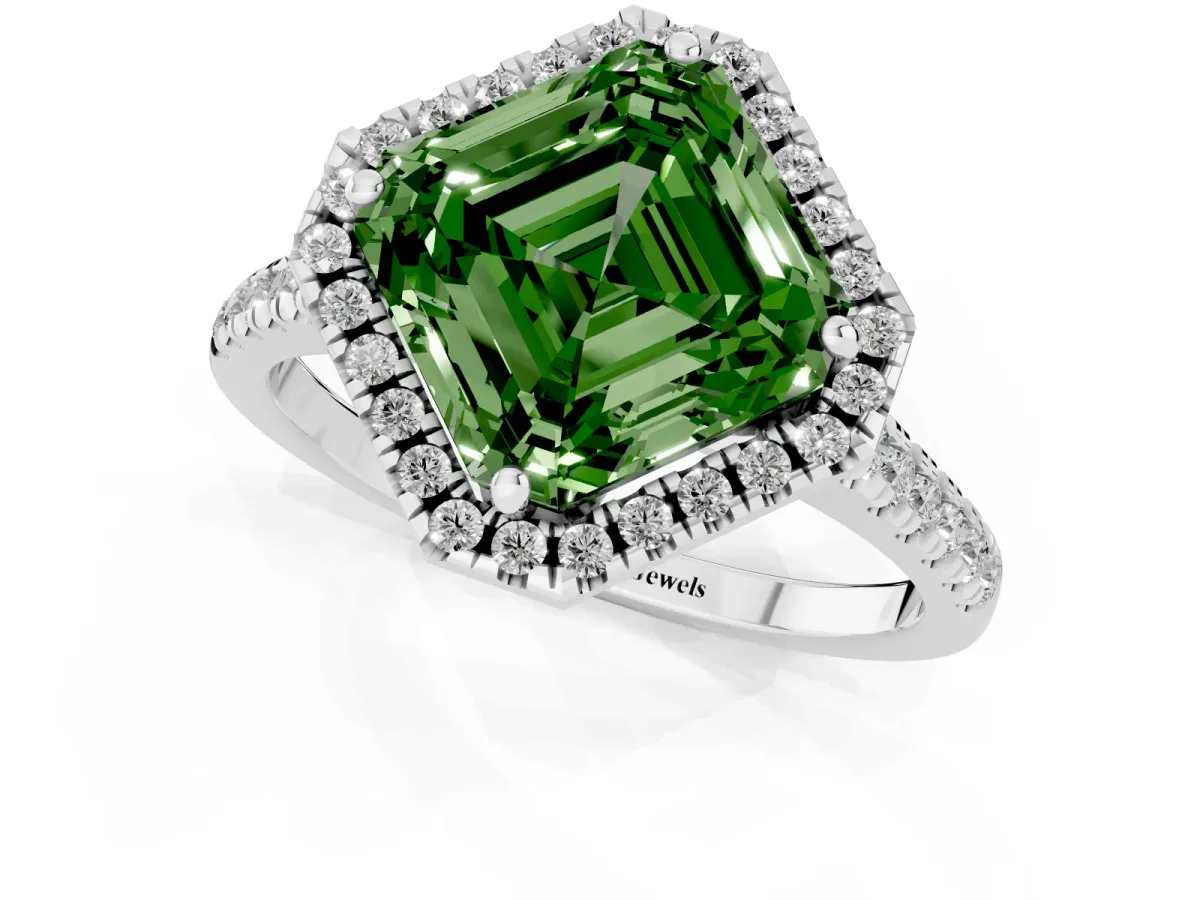 Fancy Green Asscher Cut Diamond Cushion Halo Ring with Pavé Band White gold