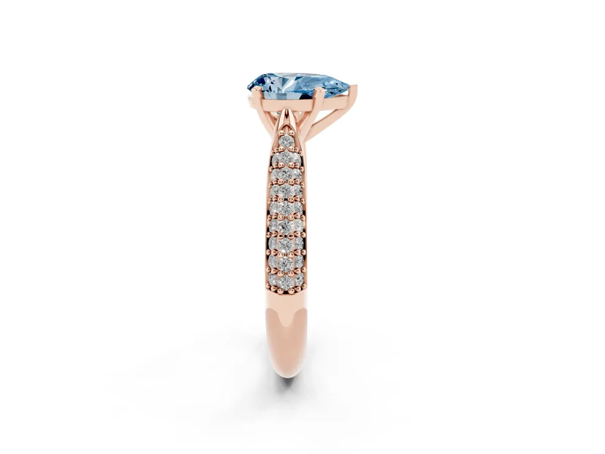 Fancy Blue Pear Cut Diamond Solitaire Engagement Ring with Multi-Row Round Pavé Band and Prong Setting Rose gold