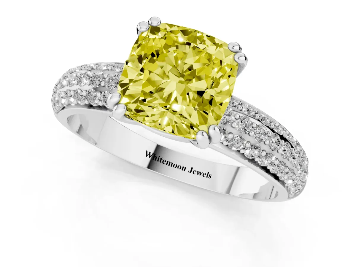 Fancy Yellow Cushion Cut Diamond Solitaire Ring with Multi-Row Round Pavé Band and Prong Setting Silver