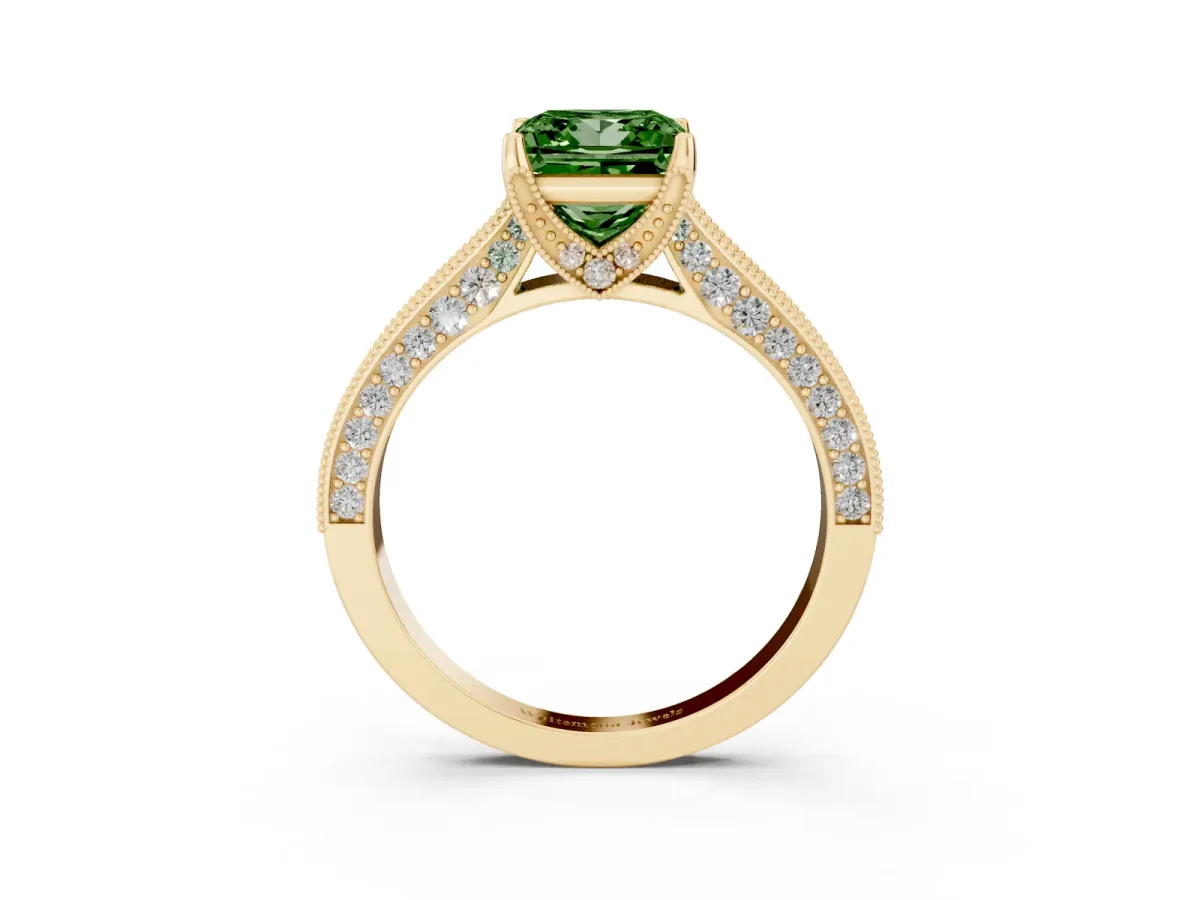 Fancy Green Princess Cut Cut Diamond Solitaire Ring with Milgrain Pave Band and Four Prong Setting Yellow gold