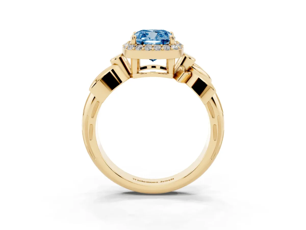 Fancy Blue Cushion Cut Halo Diamond Floral Band with Four-Prong Setting Yellow gold