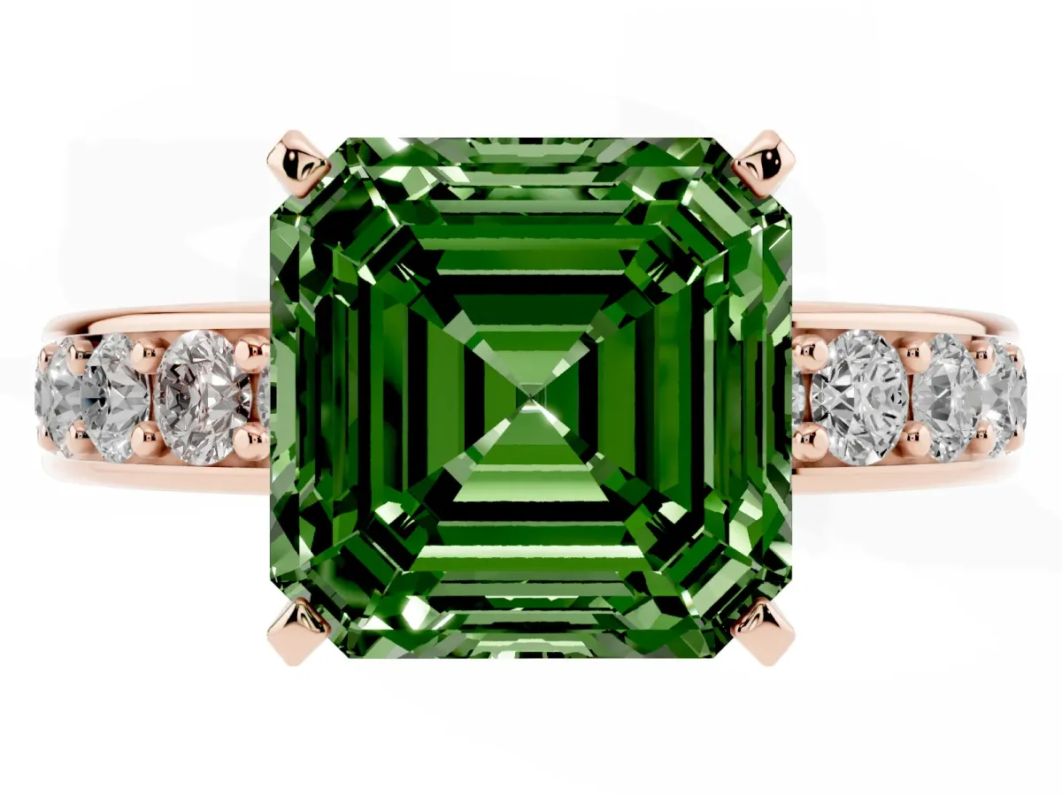Fancy Green Asscher Cut Diamond Engagement Ring with Channel Set Round Band and Prong Setting Rose gold