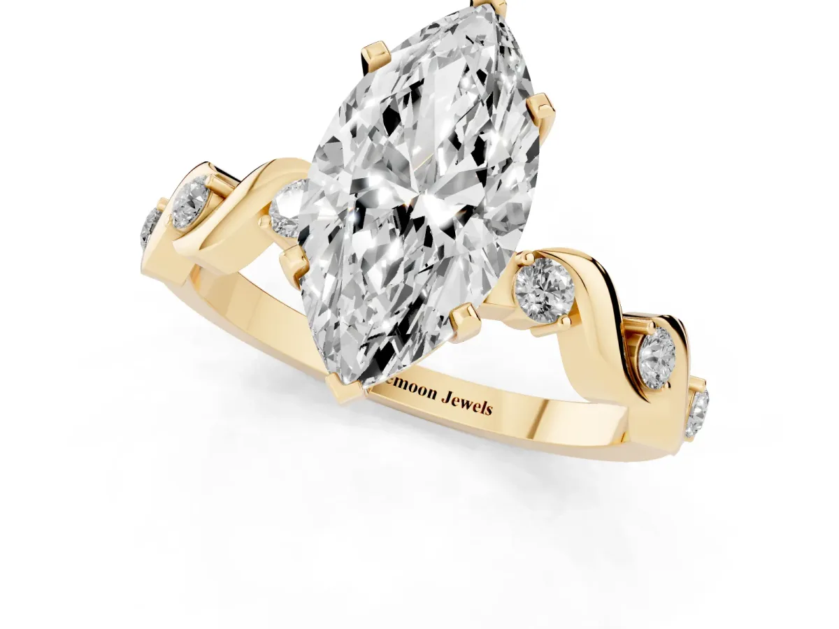 Marquise Cut Diamond Solitaire Twisted Band with Round Accents and Prong Setting Yellow gold
