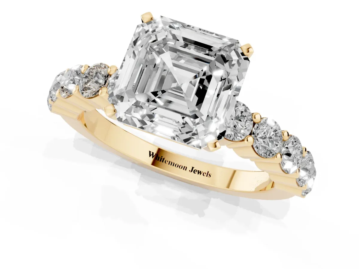 Asscher Cut Diamond Solitaire Ring with Shared Prong Round Side Stones Yellow gold