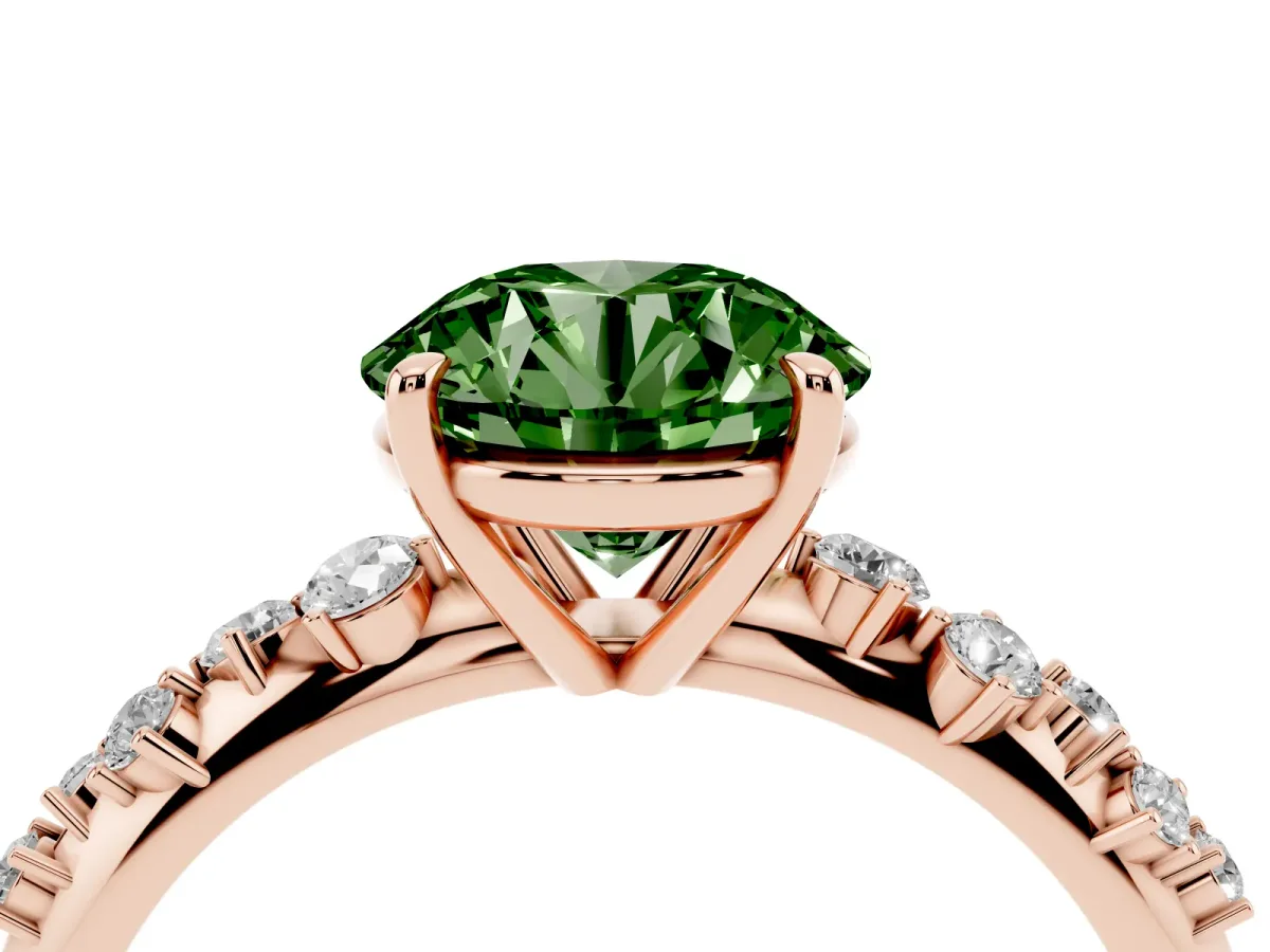 Fancy Green Round Cut Diamond Cluster Side Stone Solitaire Ring with Prong Setting Rose gold