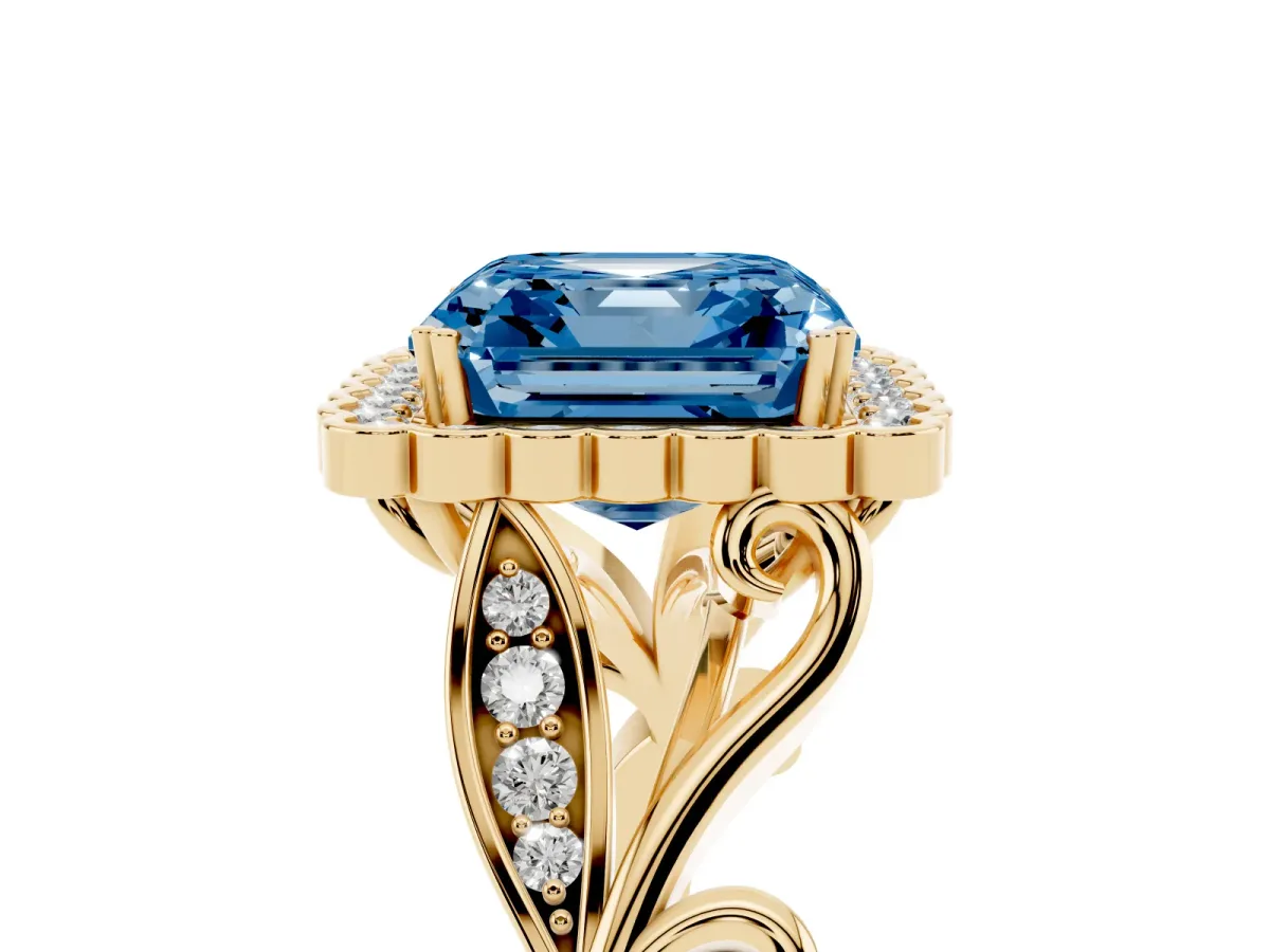 Fancy Blue Asscher Cut Diamond Halo Ring with Vintage Split Shank and Four-Prong Setting Yellow gold
