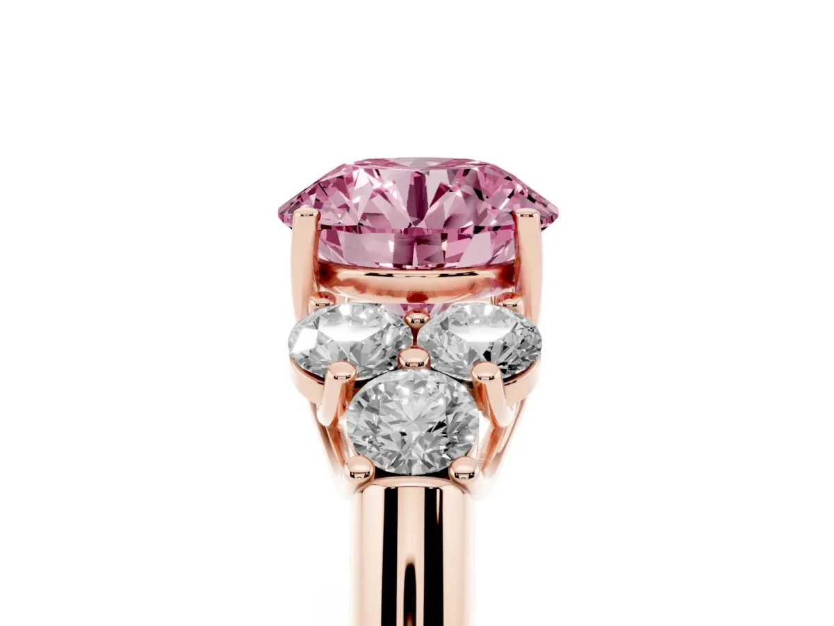 Fancy Pink Round Cut Cut Diamond Cluster Ring with Round Accent Stones and Prong Setting on a Classic Band Rose gold