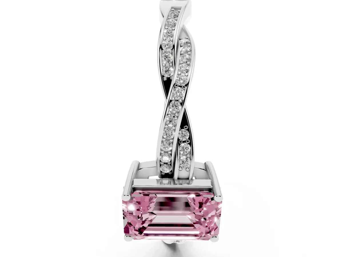 Fancy Pink Emerald Cut Solitaire Twisted Pave Diamond Ring with Four-Prong Setting Platinum