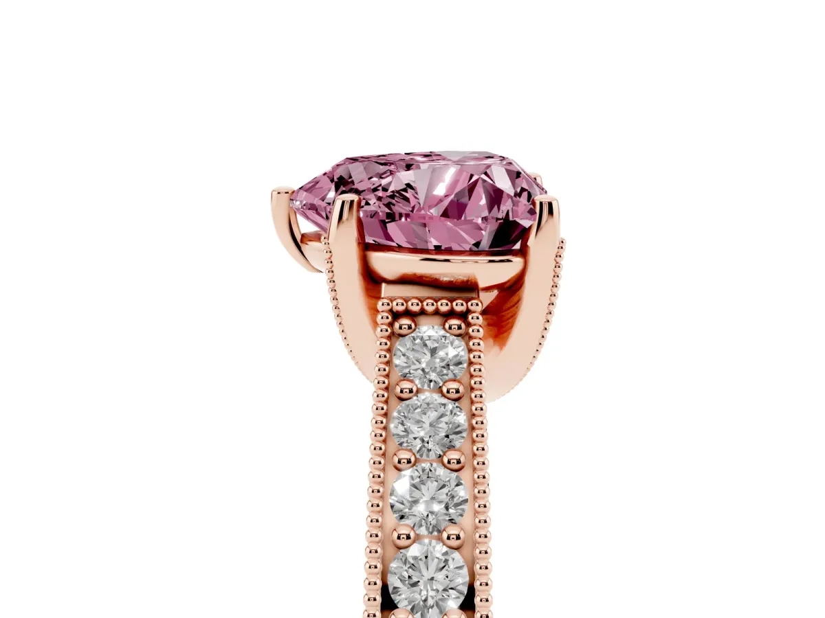 Fancy Pink Heart Cut Cut Diamond Solitaire Ring with Milgrain Pave Band and Four Prong Setting Rose gold