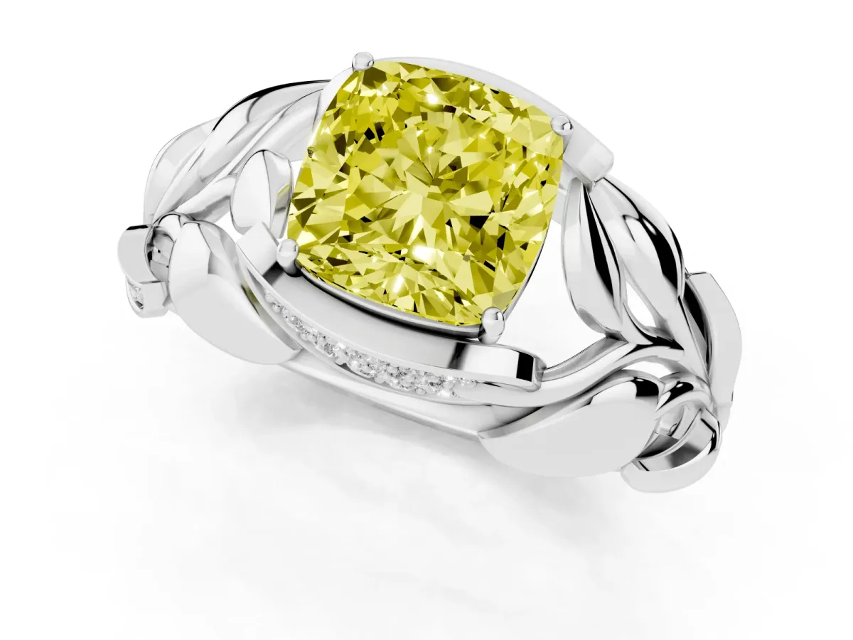 Fancy Yellow Cushion Cut Diamond Leaf-Inspired Engagement Ring with Round Accents and Prong Setting Platinum