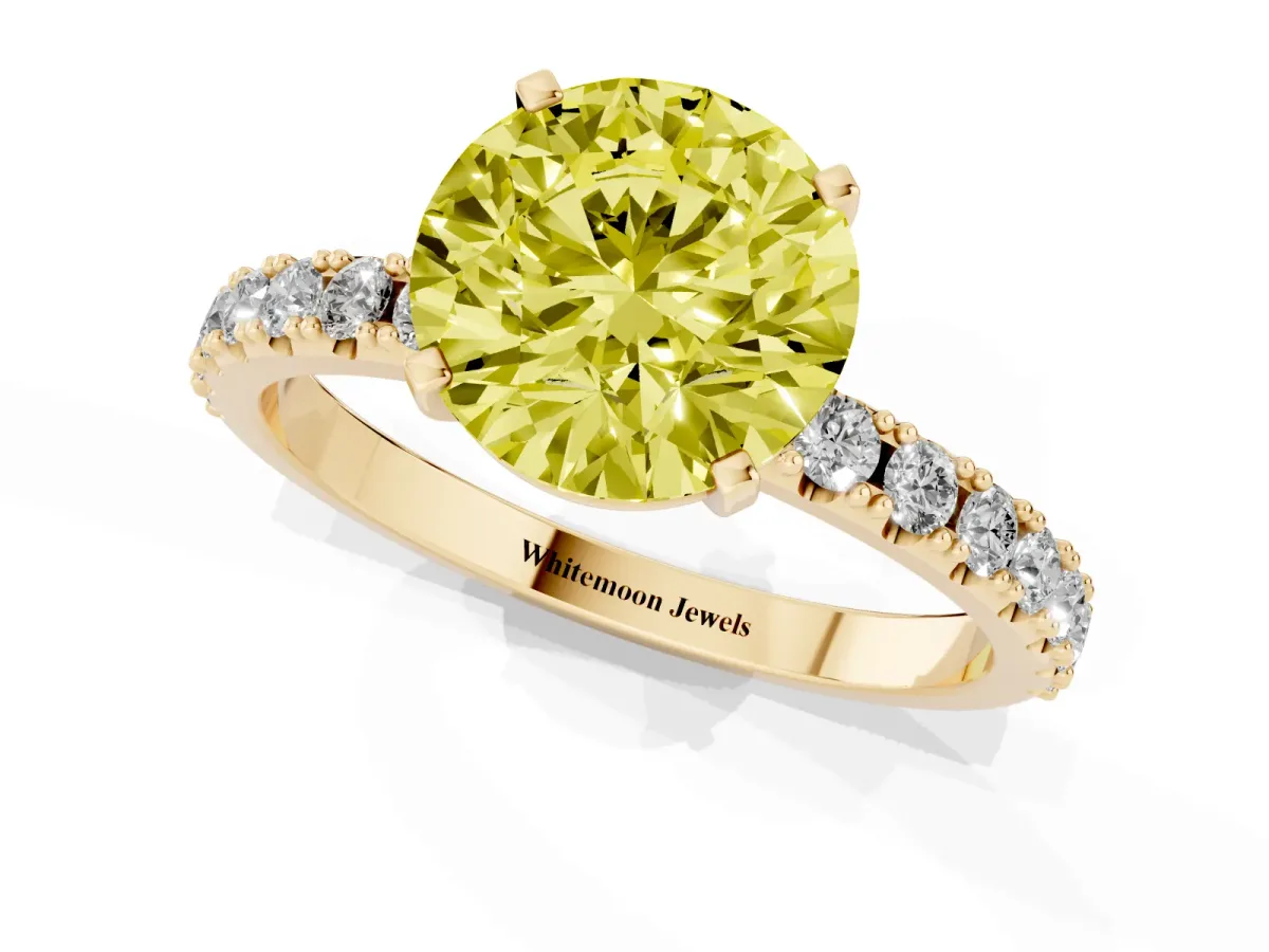 Fancy Yellow Round Cut Diamond Solitaire Pavé Band with Four-Prong Setting Yellow gold