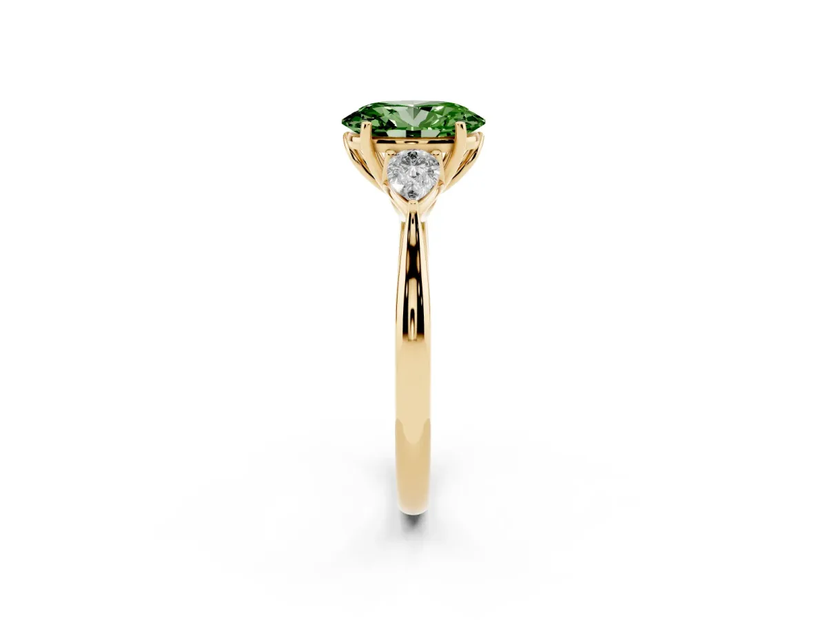 Fancy Green Oval Cut Diamond Three-Stone Ring with Pear Side Stones and Prong Setting Yellow gold