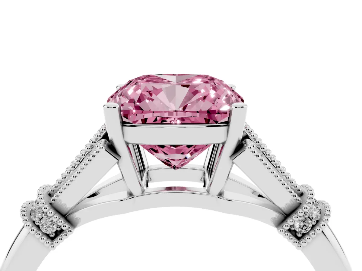 Fancy Pink Cushion Cut Diamond Solitaire Ring with Floral Filigree and Pave Accents Platinum