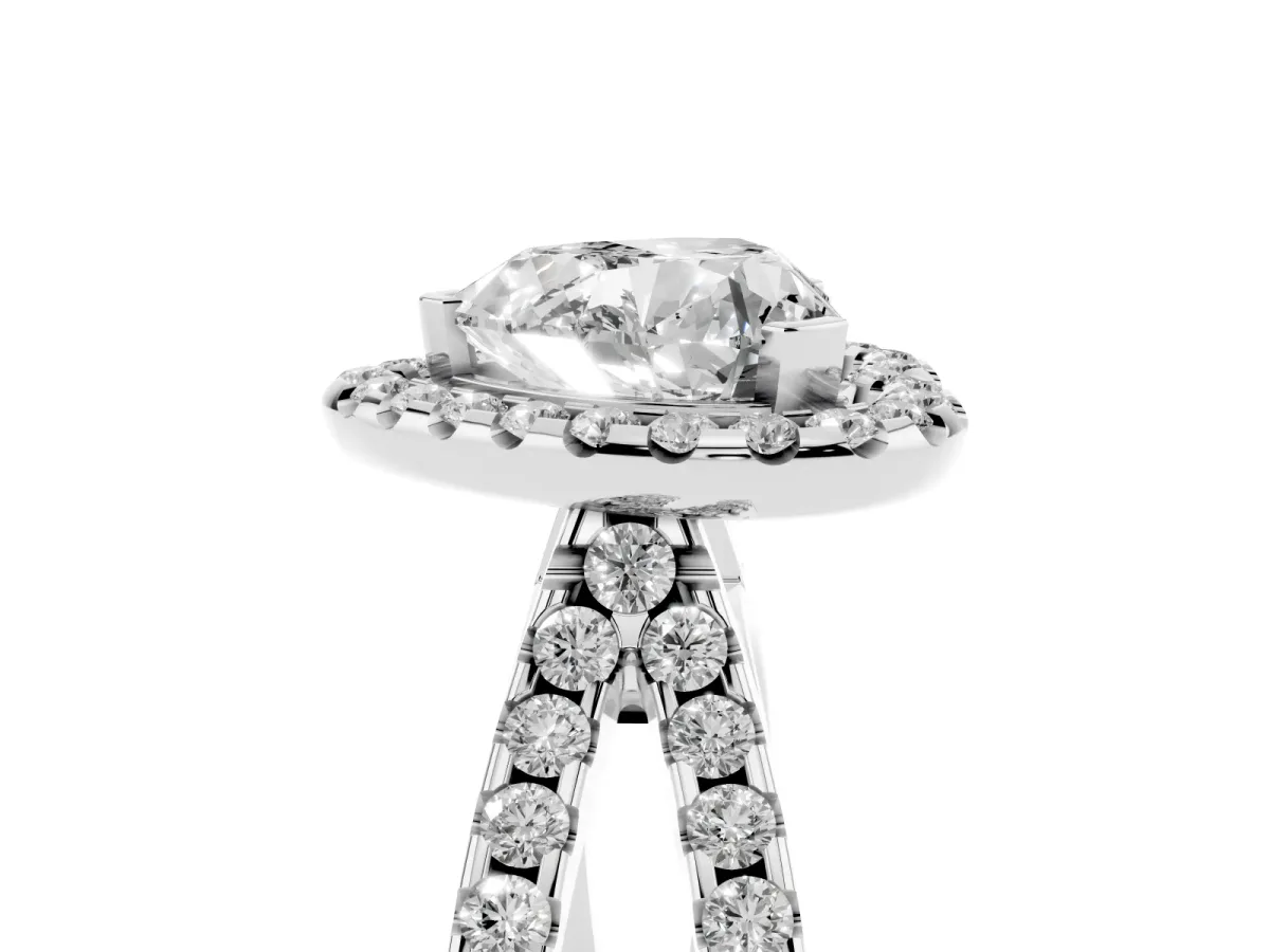 Heart Cut Diamond Halo Ring with Split Shank Pavé Band and Prong Setting Silver