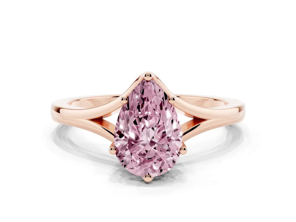 Fancy Pink Pear Cut Solitaire Diamond Ring with Six-Prong Setting and Tapered Band Rose gold