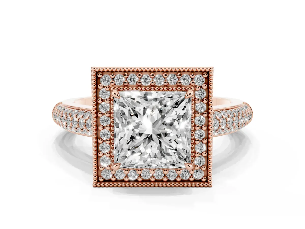 Princess Cut Cut Halo Diamond Pave Band with Four-Prong Setting Rose gold