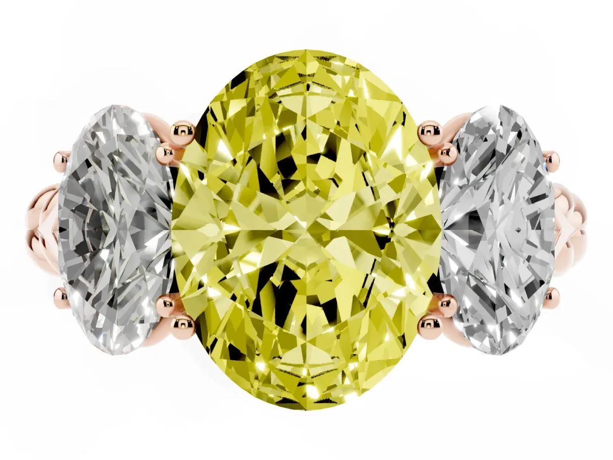 Fancy Yellow Three-Stone Oval Cut Diamond Braided Band Ring with Four-Prong Setting Rose gold