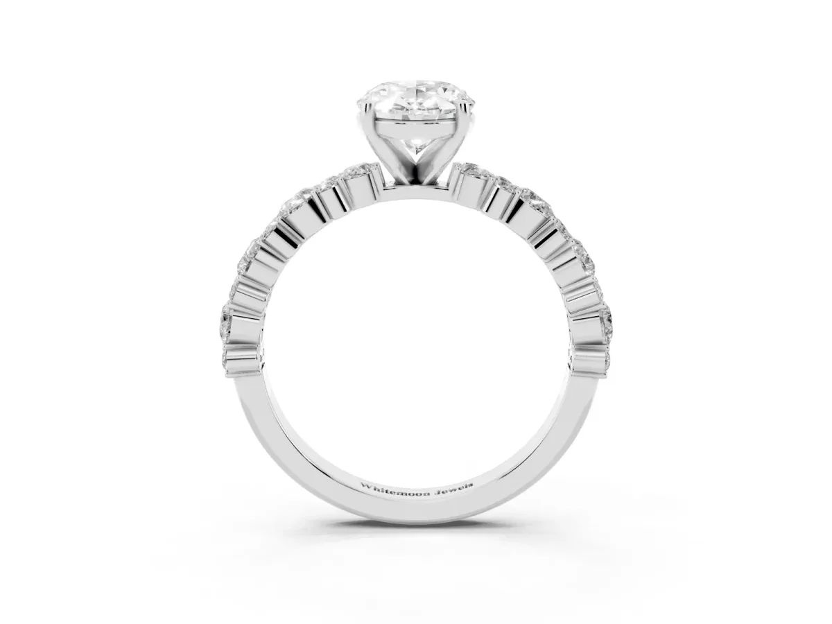 Oval Cut Diamond Side Stone Solitaire Ring with Round and Four-Prong Setting Silver